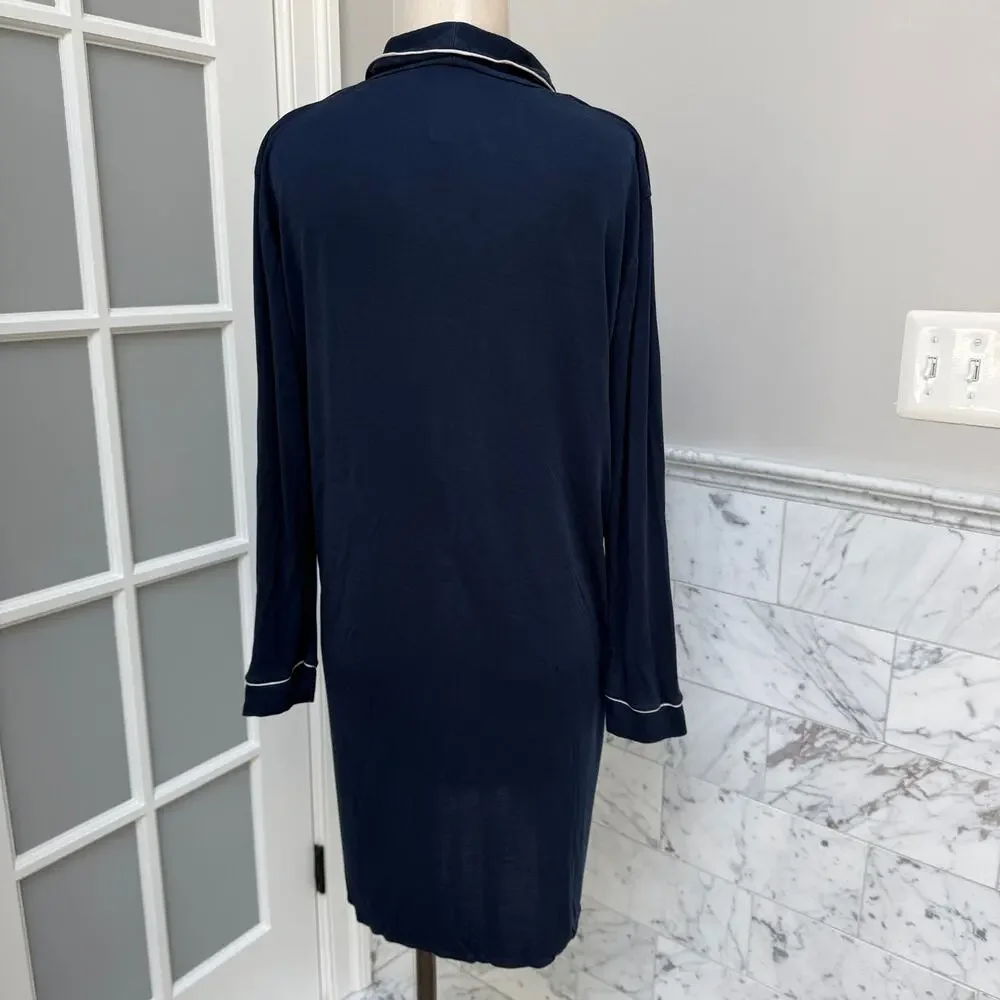 Hanro Natural Comfort  TENCEL Button Front Sleep Shirt Gown Navy Blue Small
